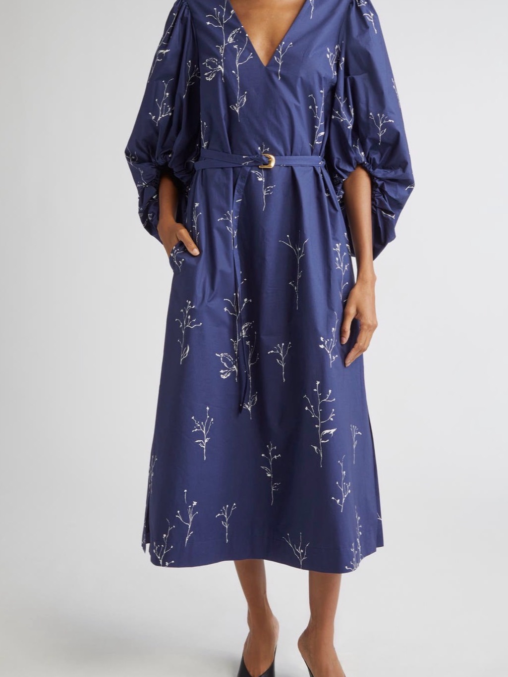 Altuzarra Corrie Botanical Navy Floral V-Neck Belted Midi Dress Cotton Size 6
